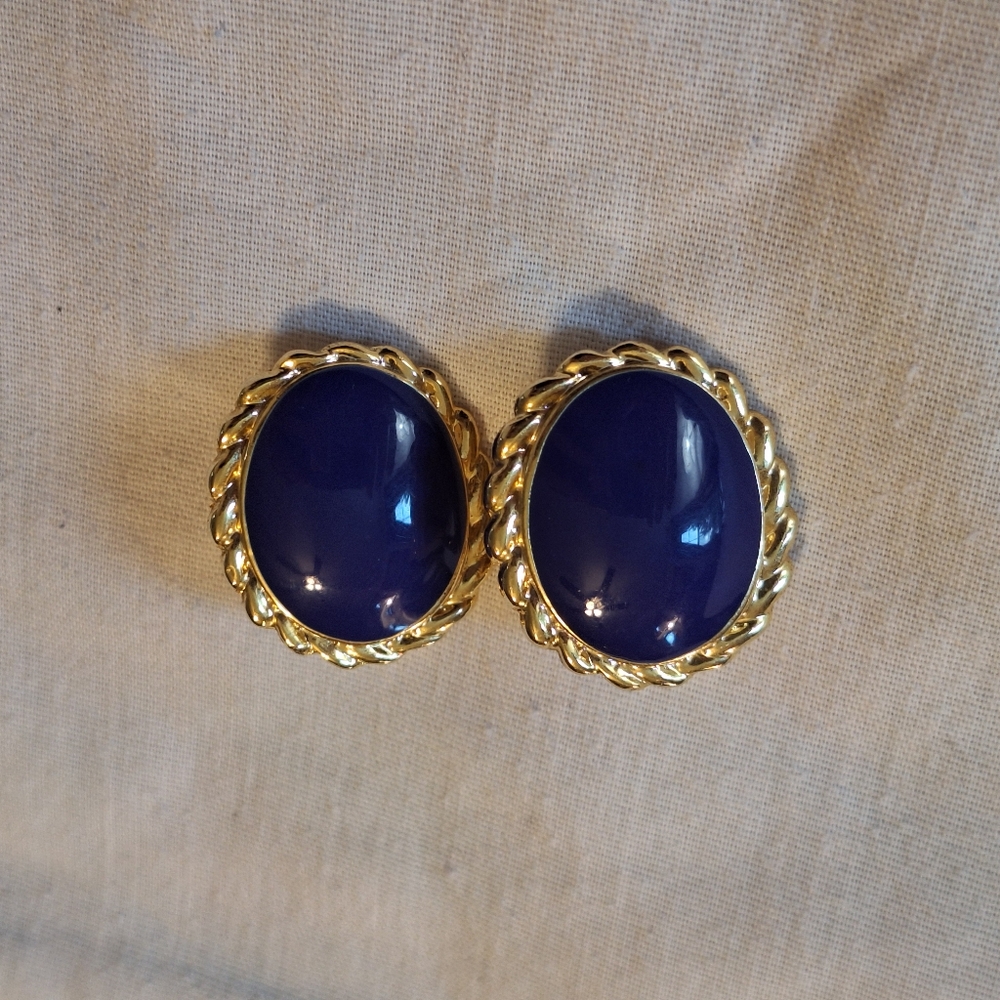 Blue And Gold Clip On Earrings